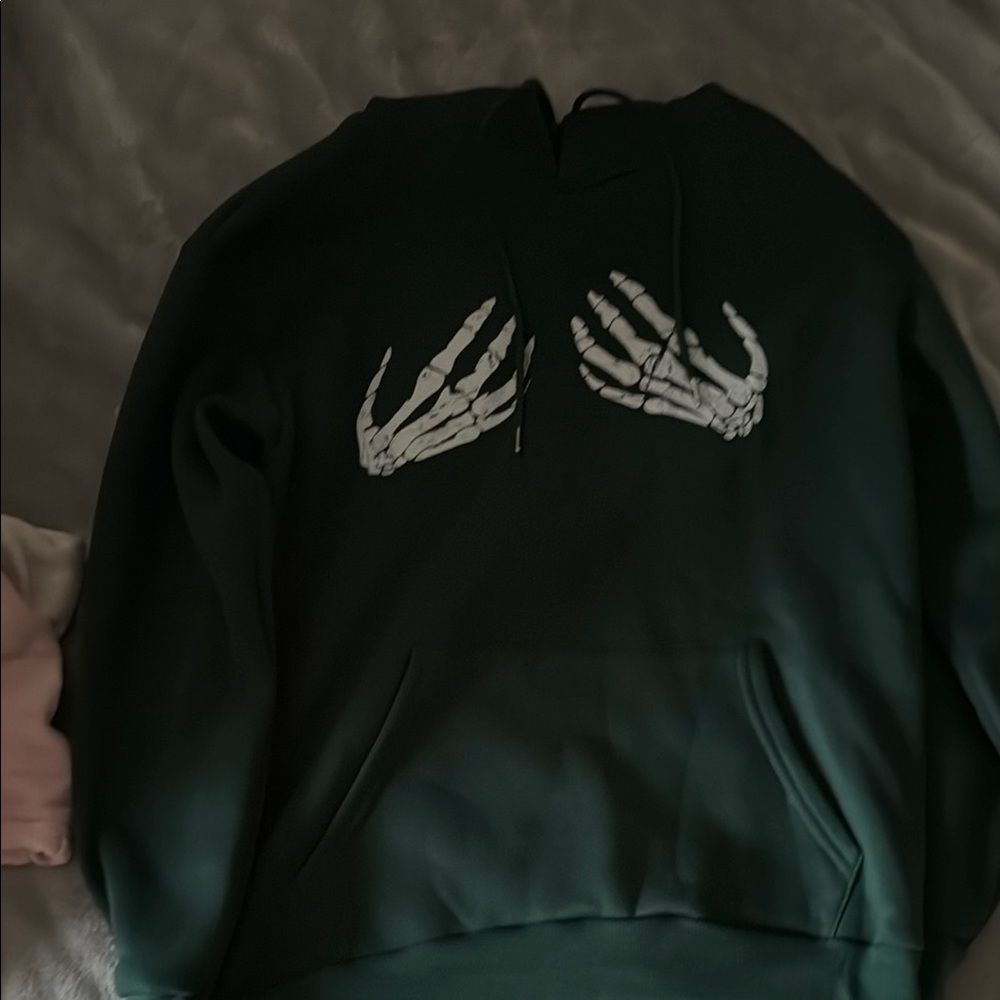 Dark Green Hoodie with Skeleton Hand Design